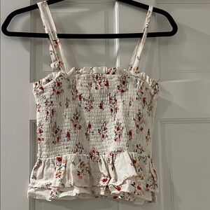 Aqua White Smocked Floral Ruffle Cami with Red Accents
